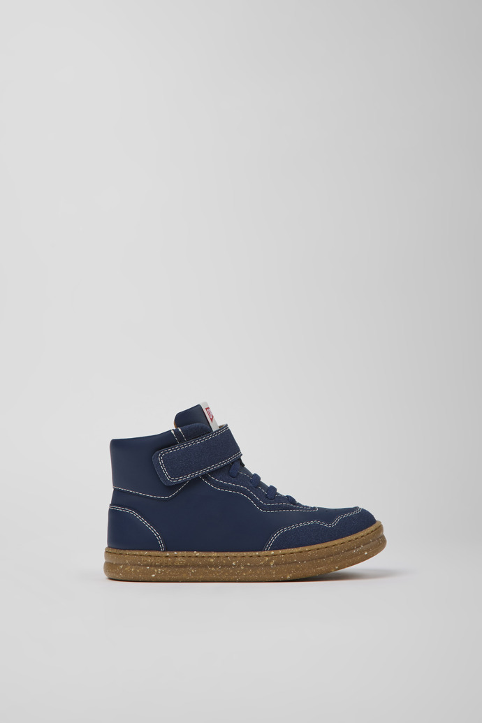 Side view of Runner Dark blue leather and nubuck ankle boots for kids