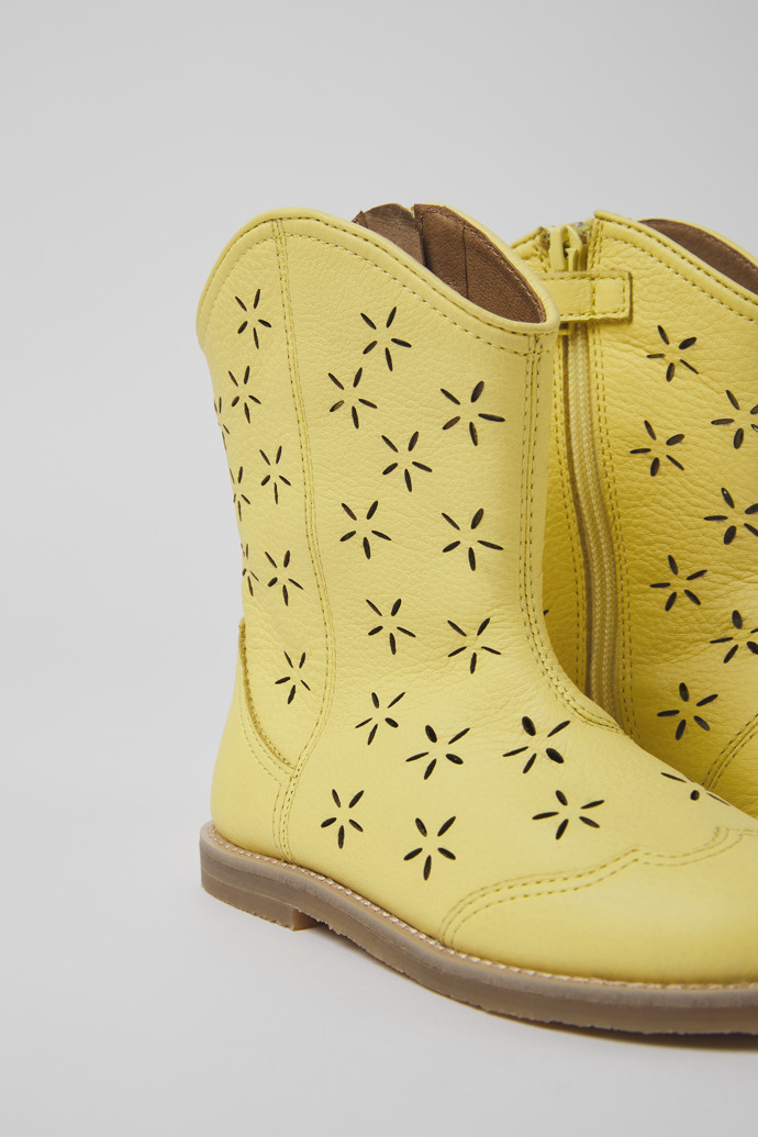 Close-up view of Savina Yellow leather boots for kids