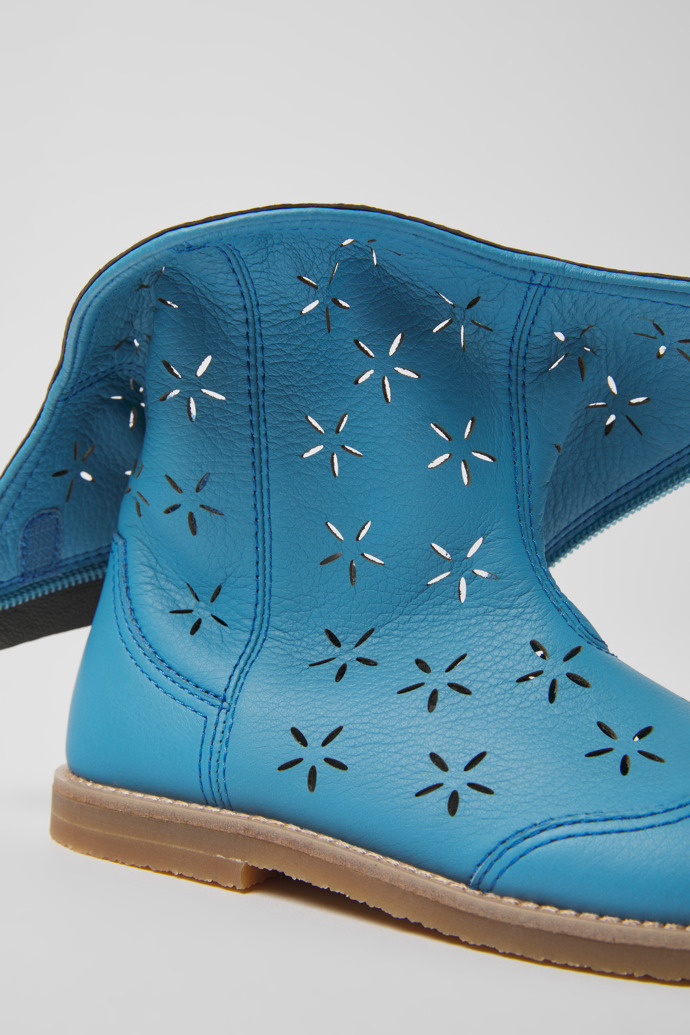 Close-up view of Savina Blue leather boots for kids