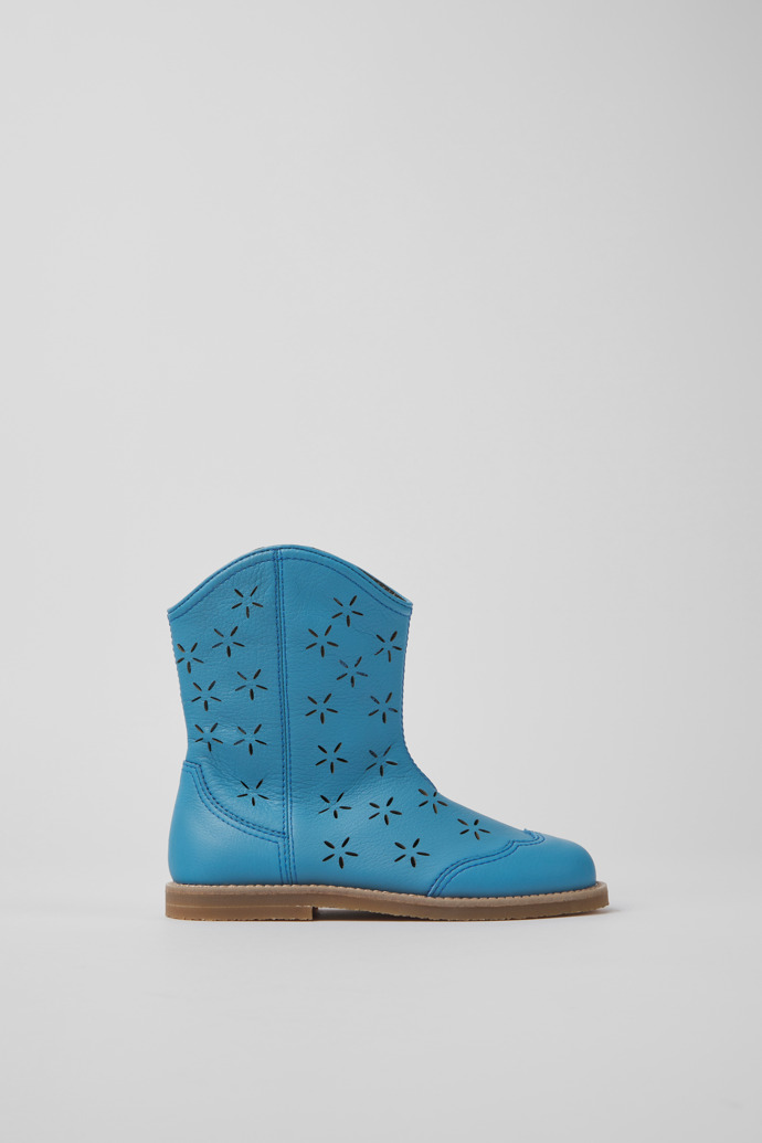 Side view of Savina Blue leather boots for kids