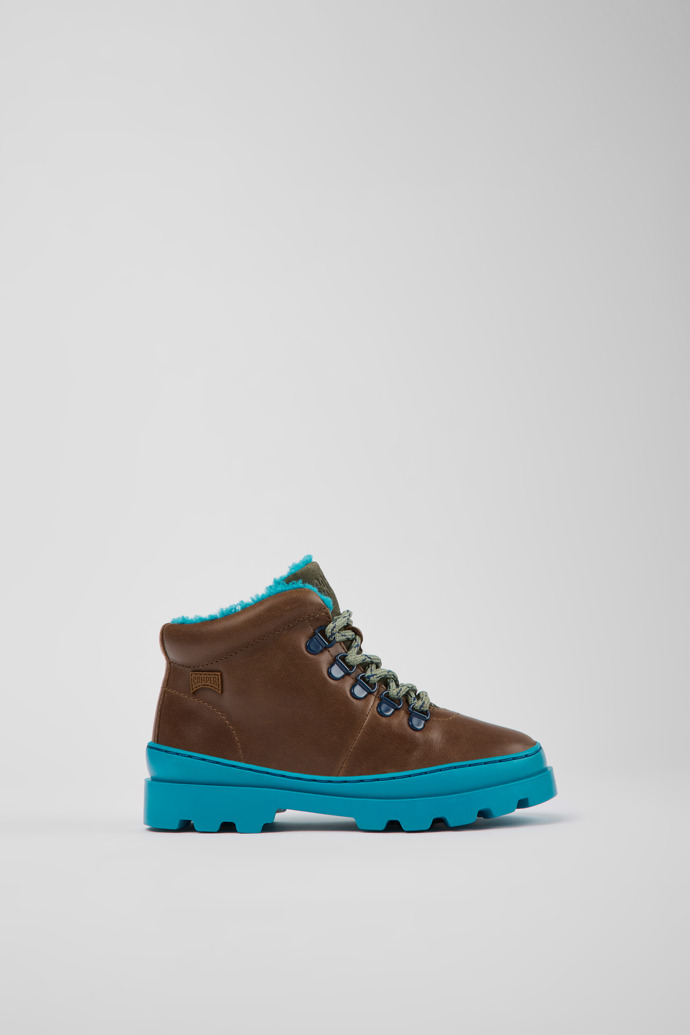 Side view of Brutus Brown leather and textile ankle boots for kids