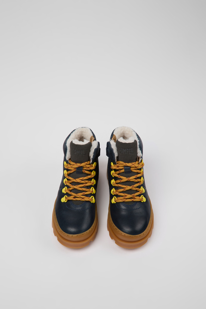 Overhead view of Brutus Navy blue leather and nubuck ankle boots for kids