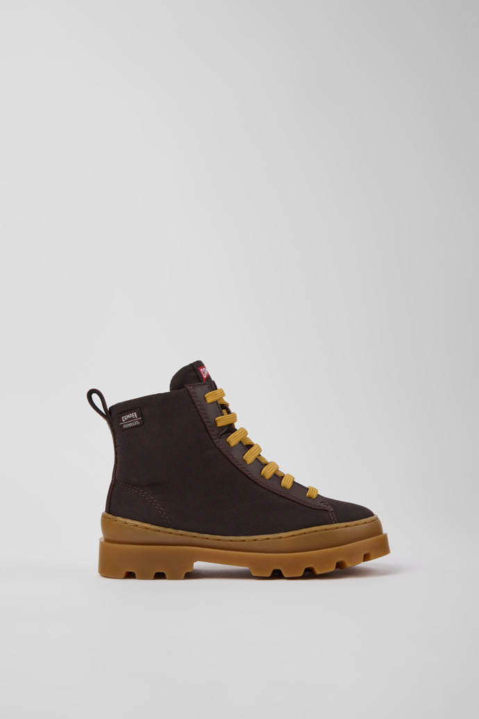 Side view of Brutus Brown textile and leather ankle boots for kids