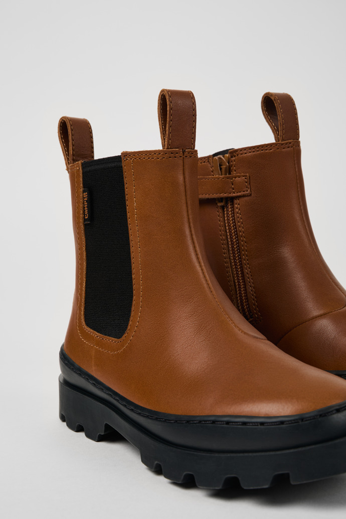 Close-up view of Brutus Brown leather Chelsea boots for kids