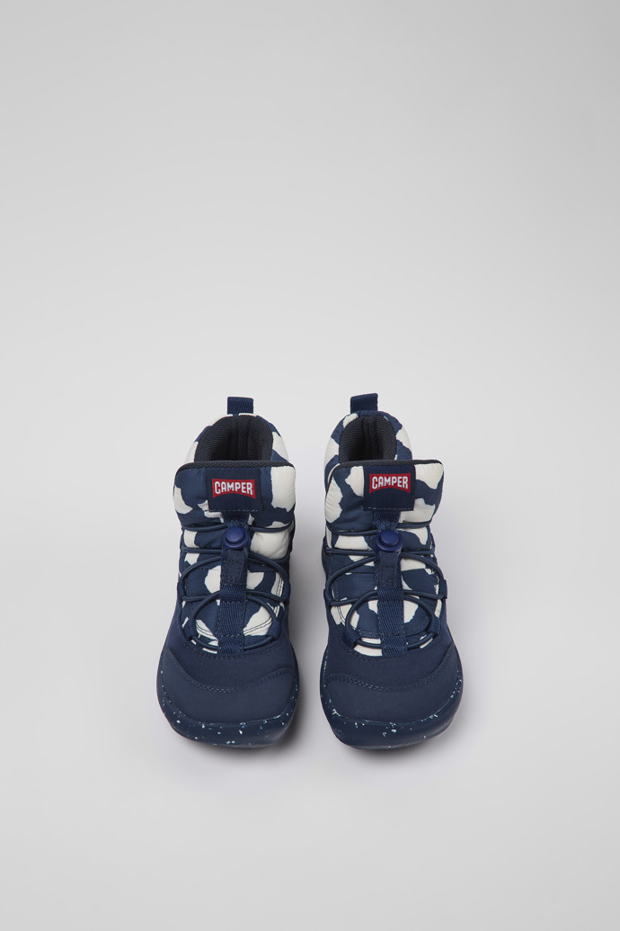 Overhead view of Ergo Blue and white textile ankle boots for kids