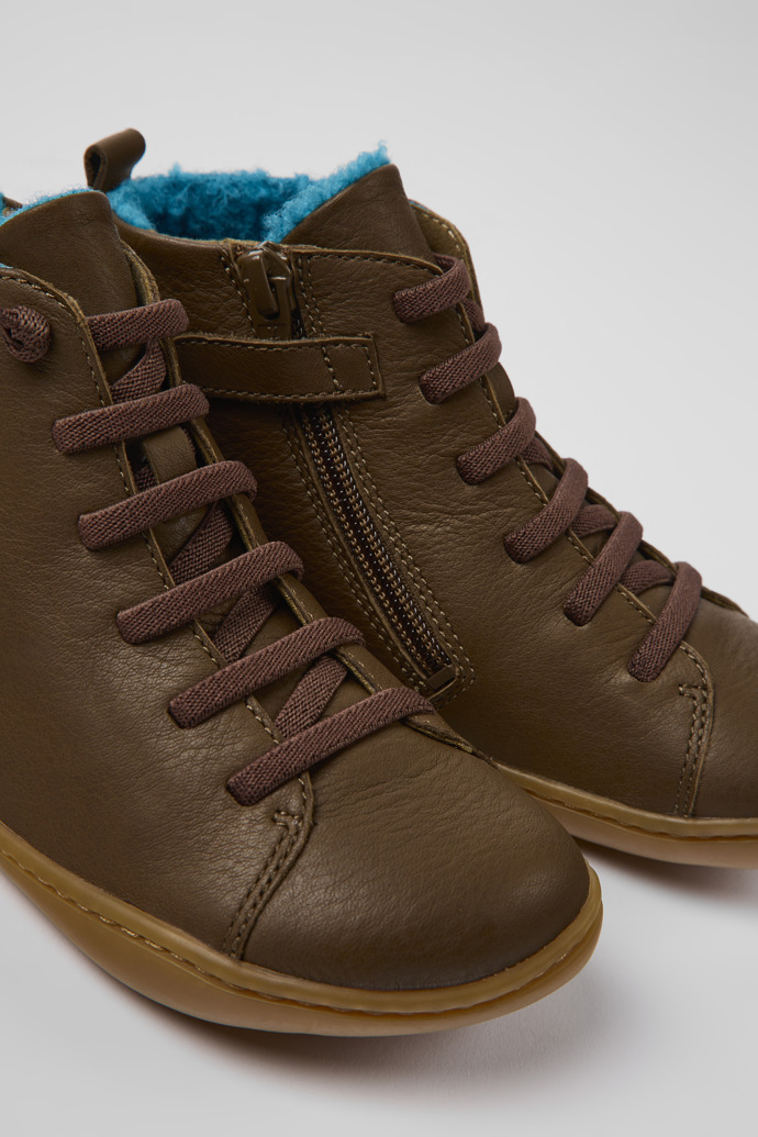Close-up view of Peu Brown leather ankle boots for kids