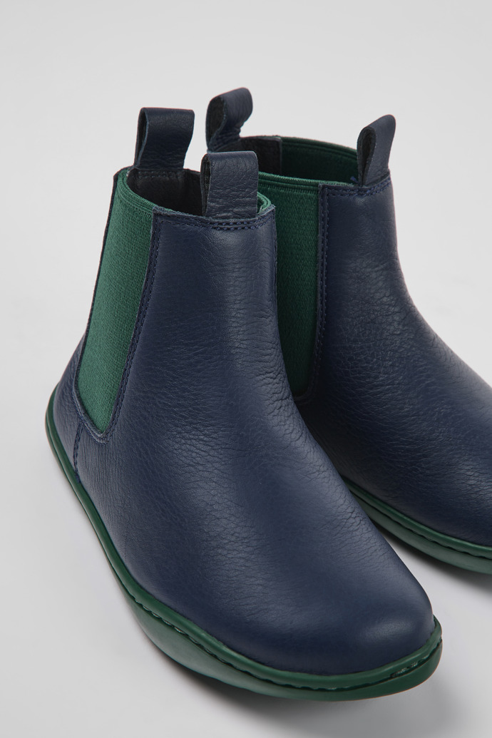 Close-up view of Peu Blue leather ankle boots for kids