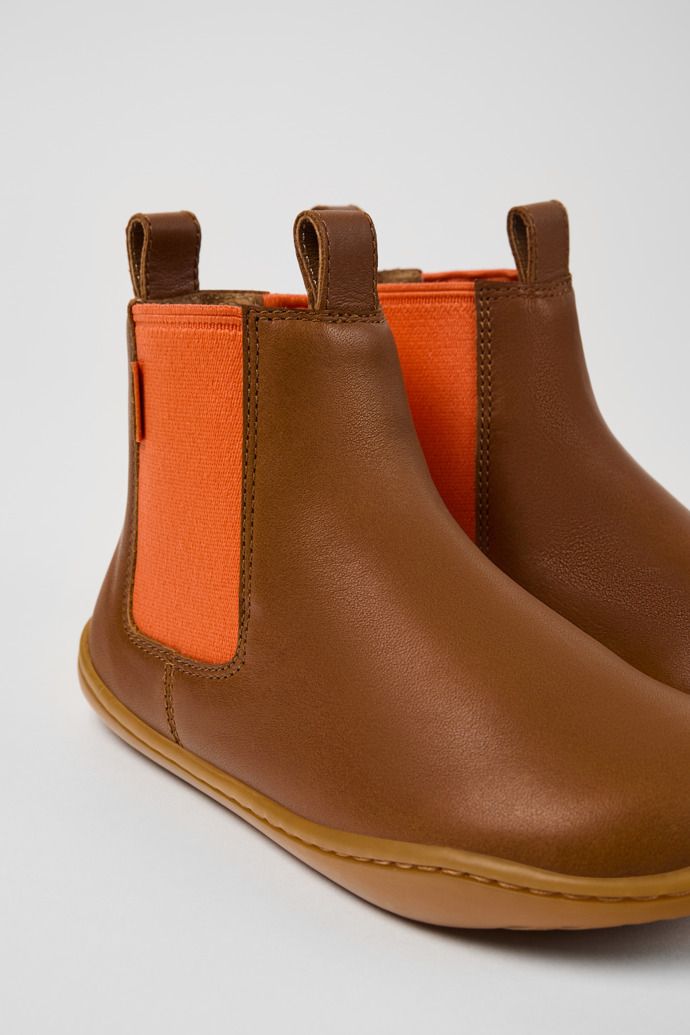 Close-up view of Peu Brown leather ankle boots for kids