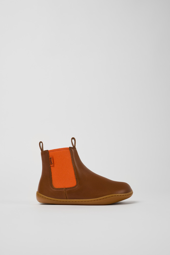 Side view of Peu Brown leather ankle boots for kids