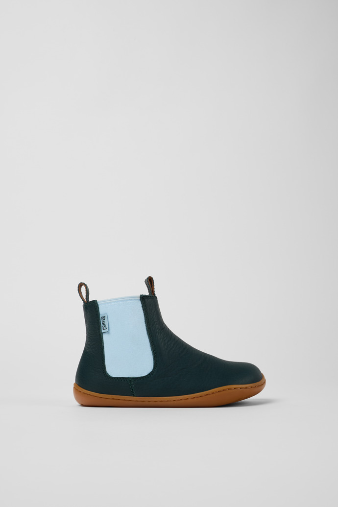 Side view of Peu Green leather ankle boots for kids