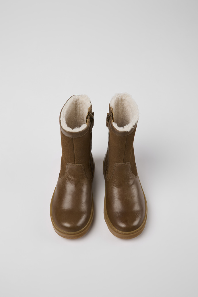 Overhead view of Kido Brown leather and nubuck boots for kids