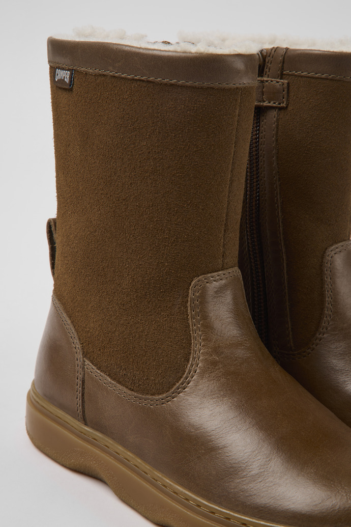 Close-up view of Kido Brown leather and nubuck boots for kids