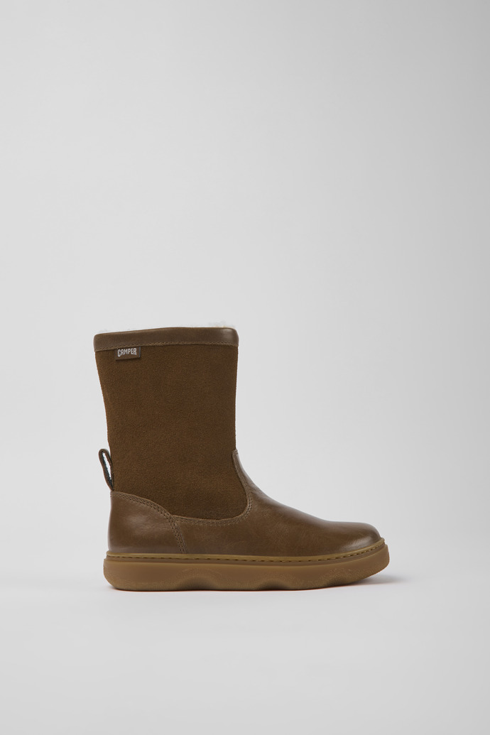Side view of Kido Brown leather and nubuck boots for kids