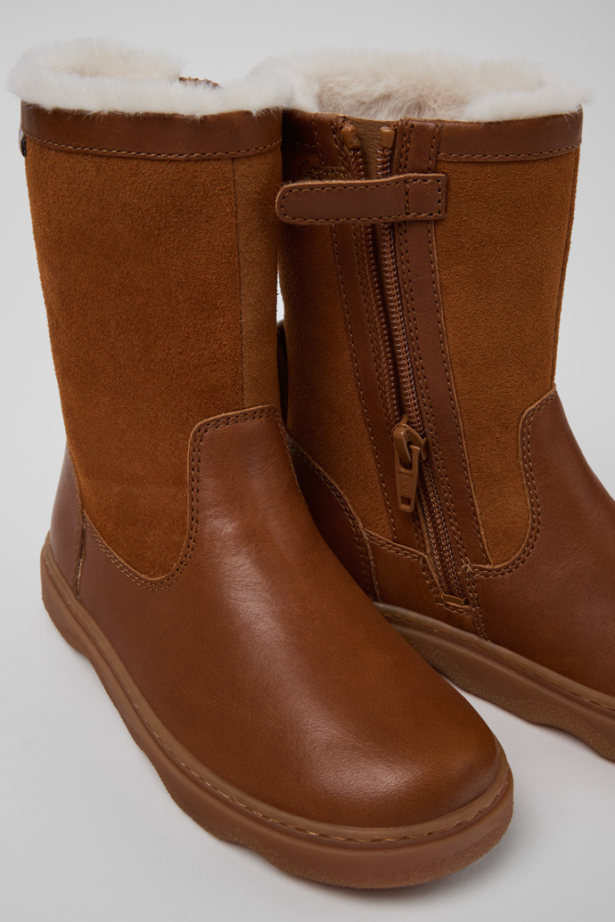 Close-up view of Kiddo Brown leather and nubuck boots for kids