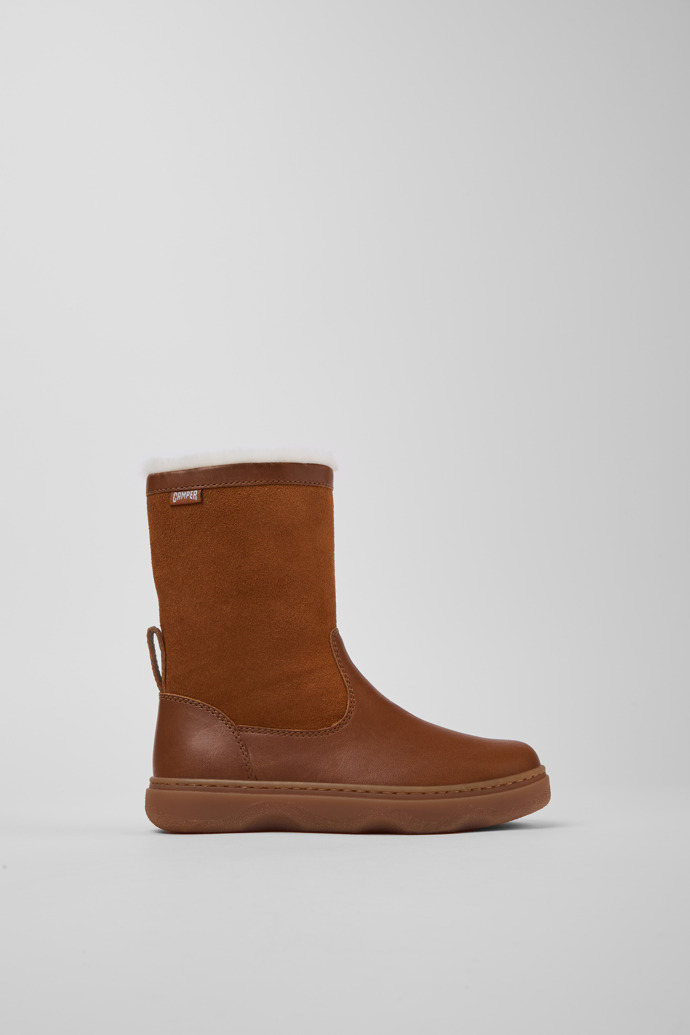 Side view of Kiddo Brown leather and nubuck boots for kids