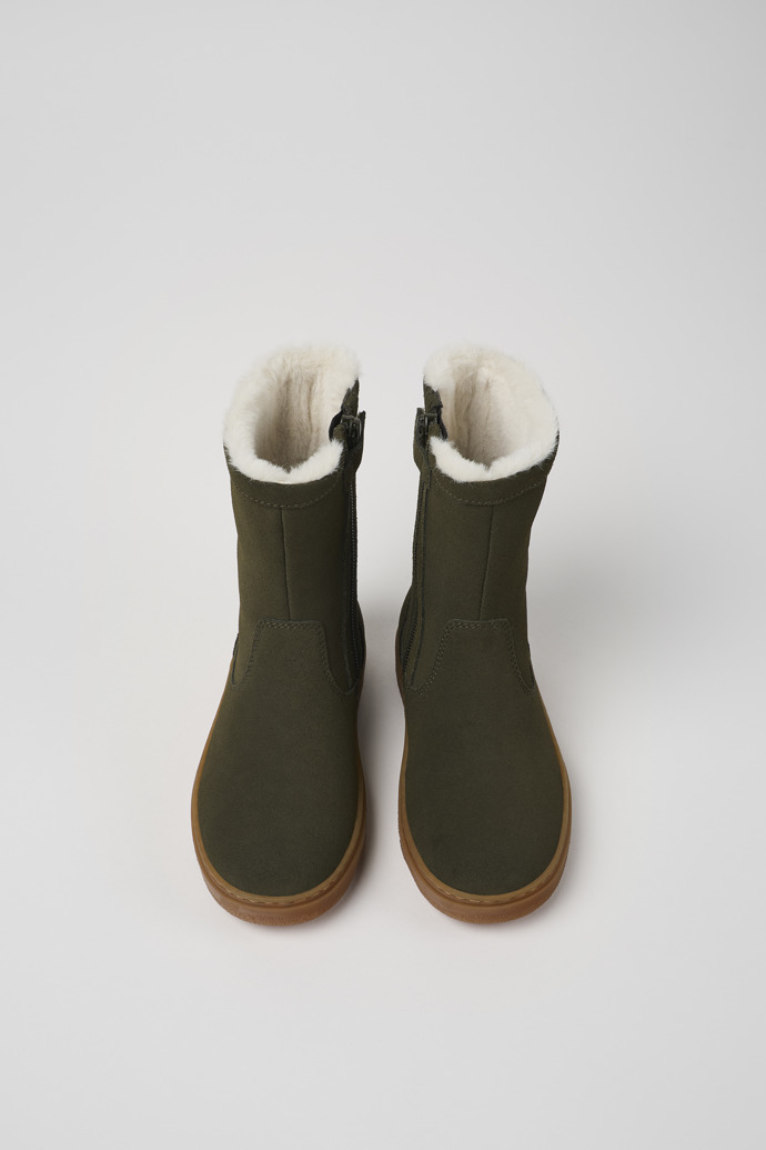 Overhead view of Kiddo Green nubuck boots for kids