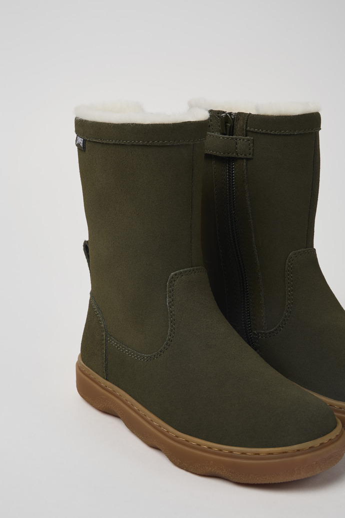 Close-up view of Kiddo Green nubuck boots for kids