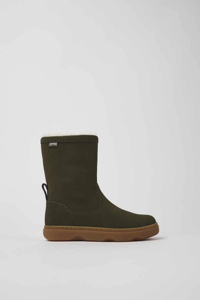 Side view of Kiddo Green nubuck boots for kids