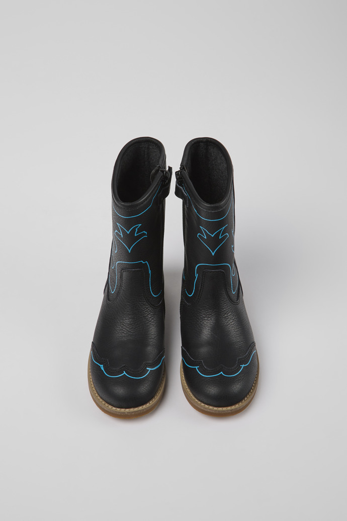 Overhead view of Twins Black leather boots for kids