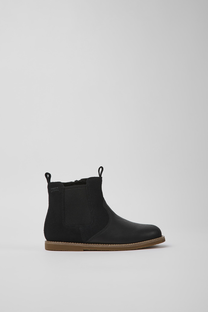 Side view of Savina Black nubuck and leather ankle boots for kids