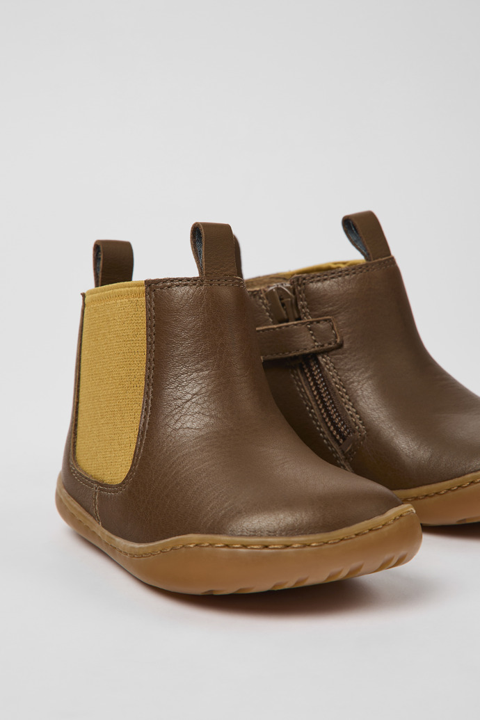 Close-up view of Peu Brown leather boots for kids