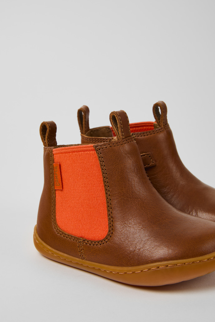 Close-up view of Peu Brown leather boots for kids