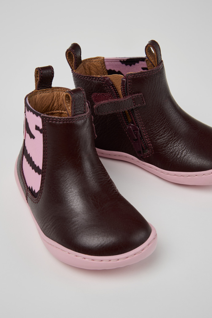 Close-up view of Twins Burgundy Leather Ankle Boots for Kids.