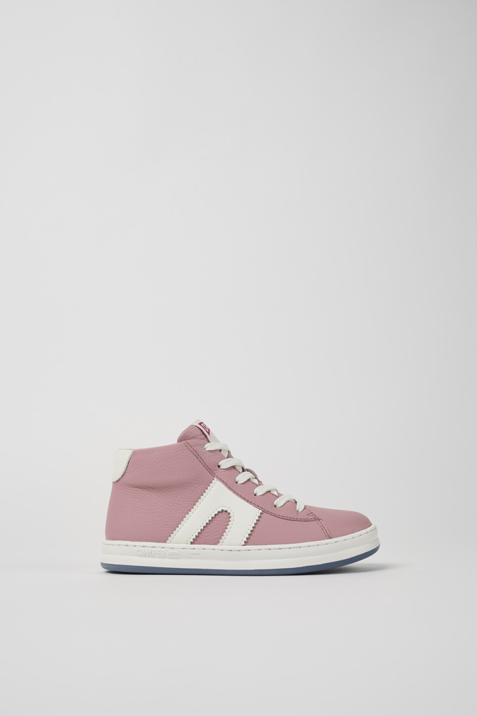 Side view of Runner Pink and white recycled leather sneakers for kids