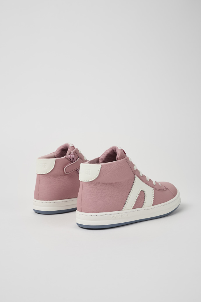 Back view of Runner Pink and white recycled leather sneakers for kids