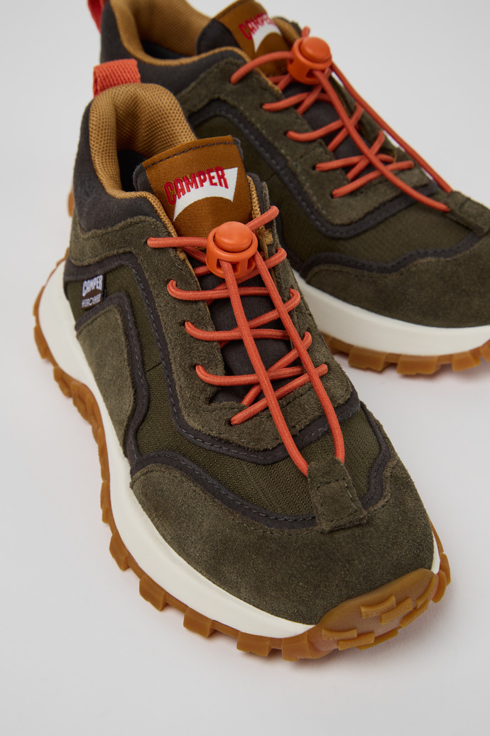 Close-up view of Drift Trail Multicolor Textile and Nubuck Sneaker Booties for Kids.
