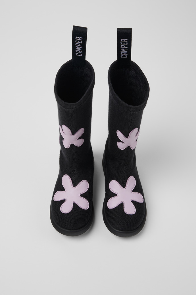 Overhead view of Duet Black and purple TENCEL™ Lyocell/leather boots