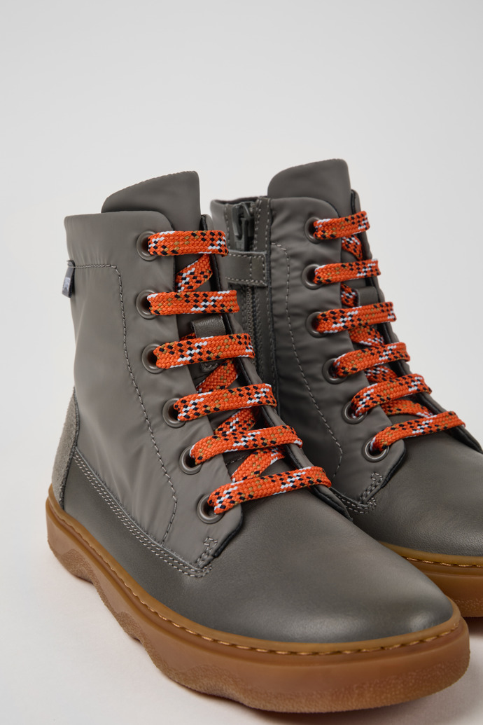 Close-up view of Kiddo Gray leather and textile ankle boots for kids