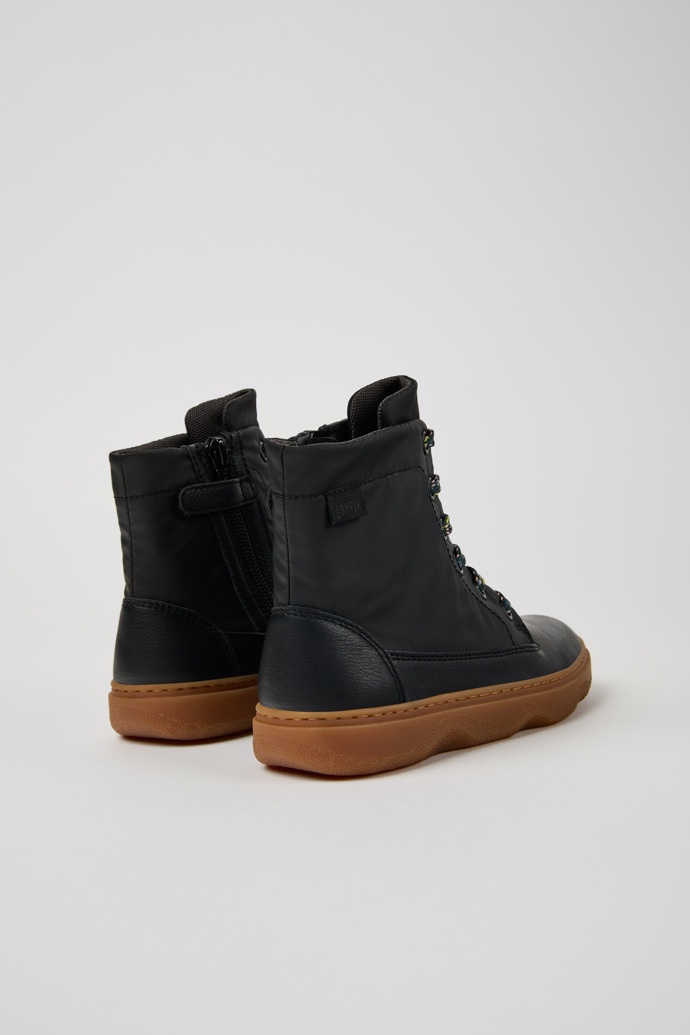 Back view of Kiddo Black leather and textile ankle boots for kids