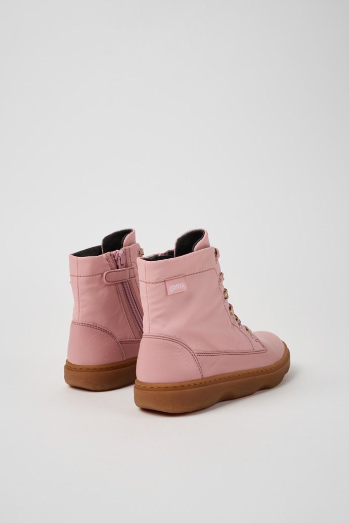 Back view of Kiddo Pink leather and textile ankle boots for kids