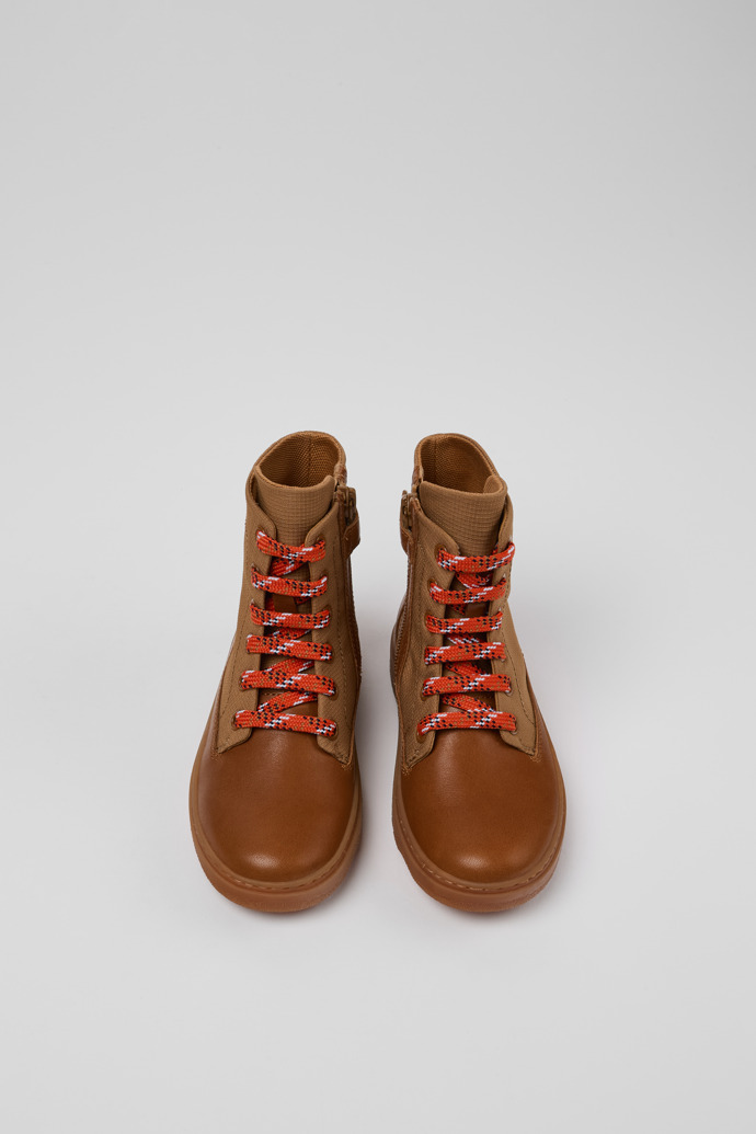 Overhead view of Kiddo Brown leather and textile ankle boots for kids