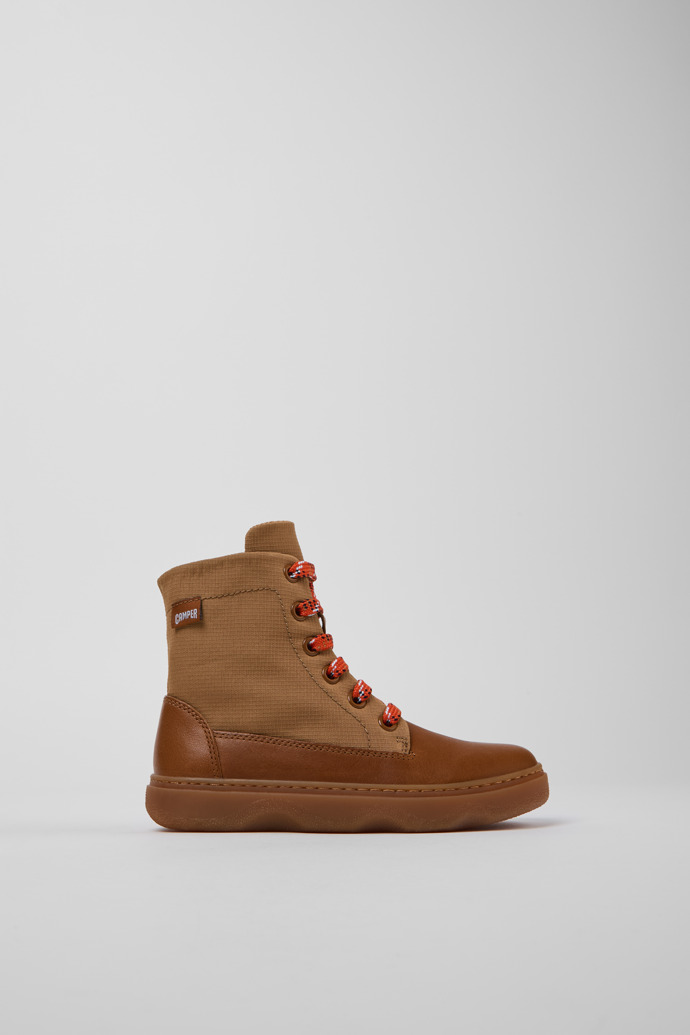 Image of Side view of Kiddo Brown leather and textile ankle boots for kids