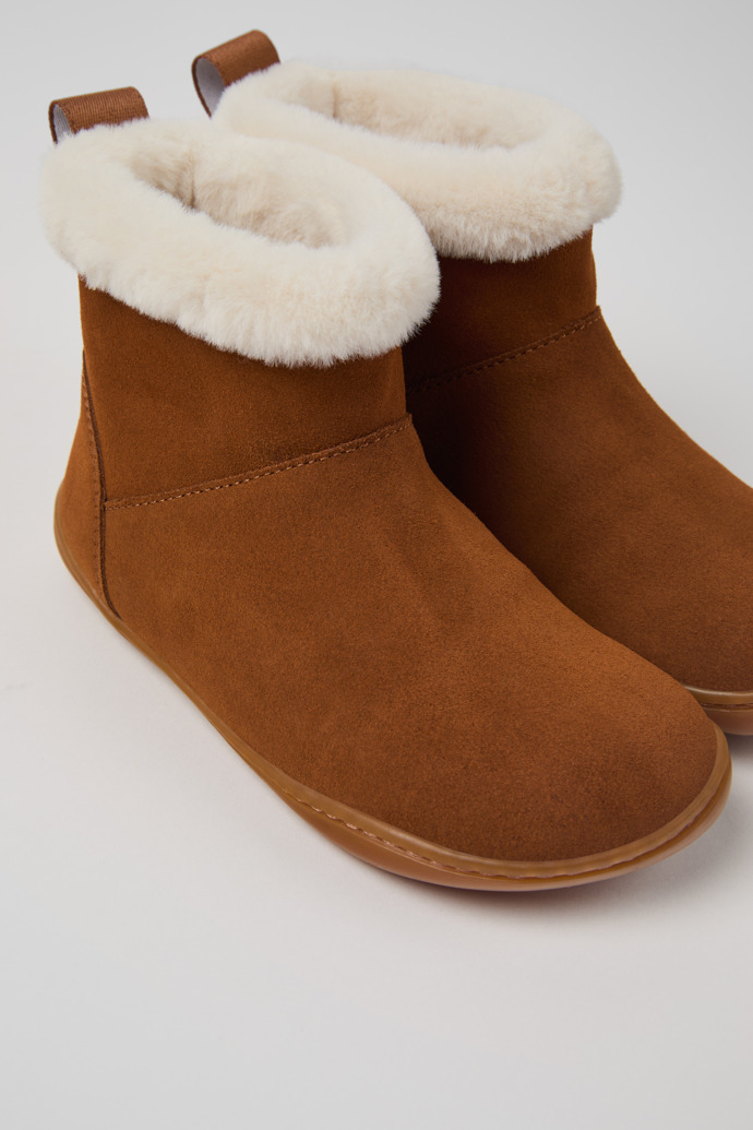 Close-up view of Peu Brown nubuck boots for kids