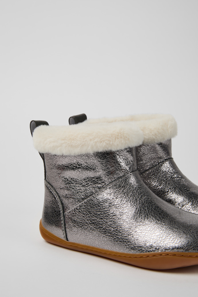 Close-up view of Peu Gray leather boots for kids