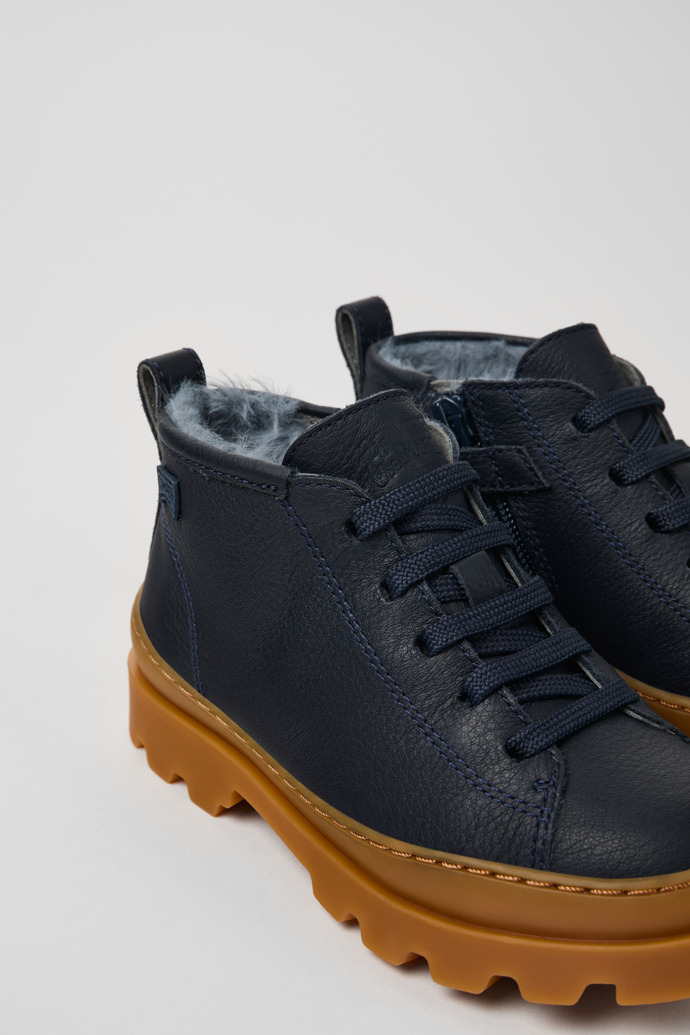 Close-up view of Brutus Blue leather ankle boots for kids