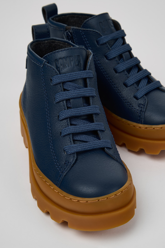 Close-up view of Brutus Blue Leather Ankle Boots for Kids.