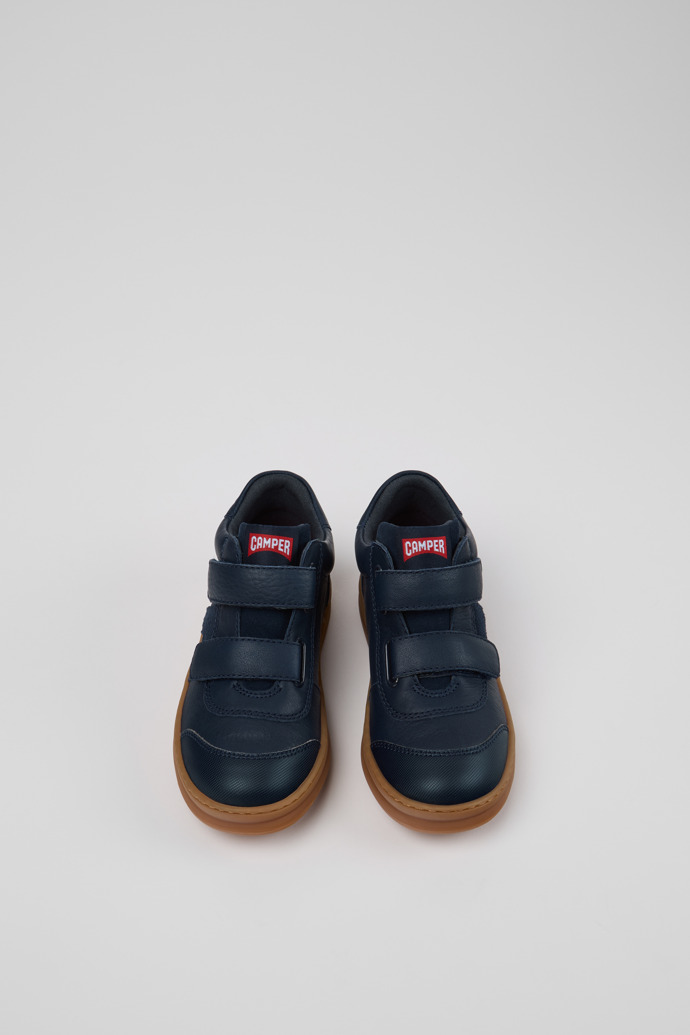Overhead view of Runner Blue Leather Sneaker Booties for Kids.