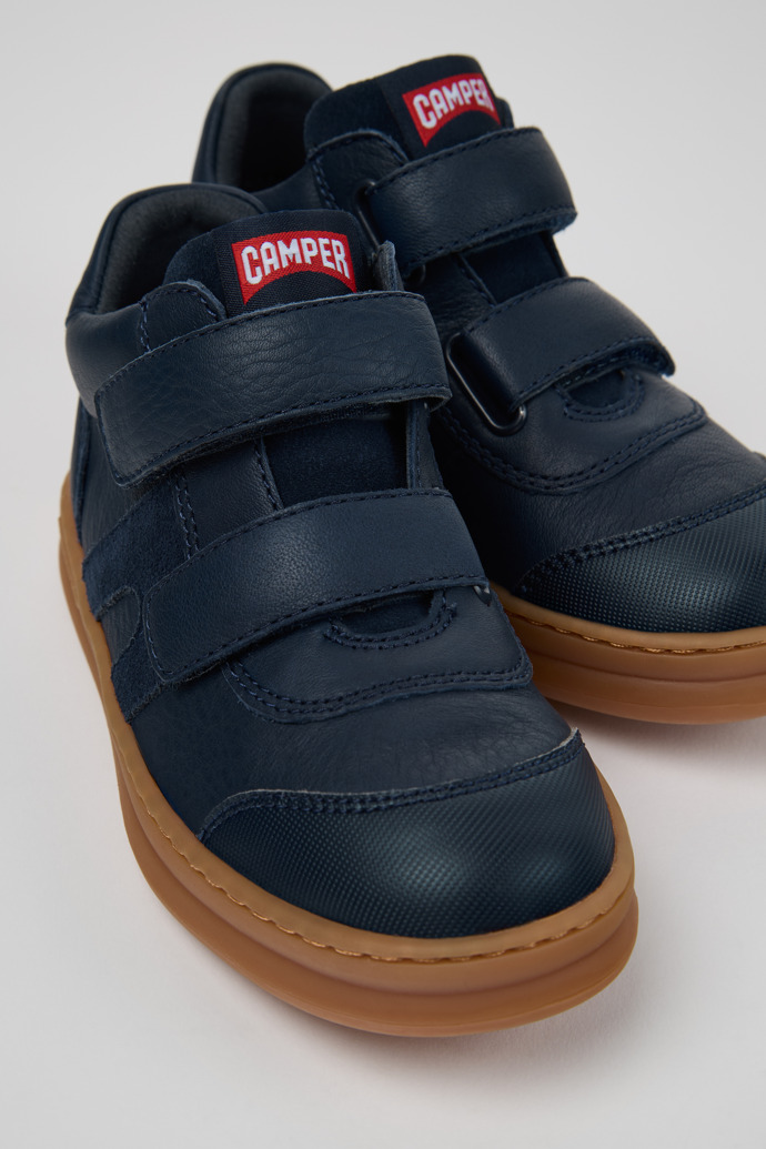 Close-up view of Runner Blue Leather Sneaker Booties for Kids.