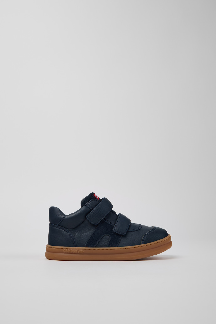 Side view of Runner Blue Leather Sneaker Booties for Kids.