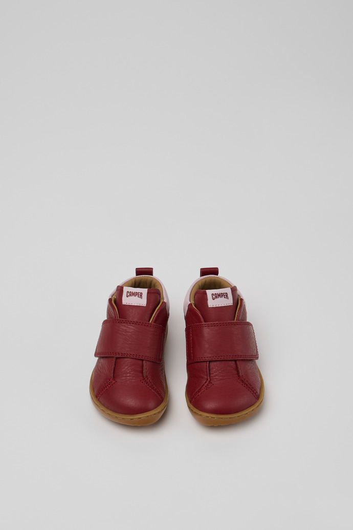 Overhead view of Peu Burgundy and Pink Leather Ankle Boots for Children.