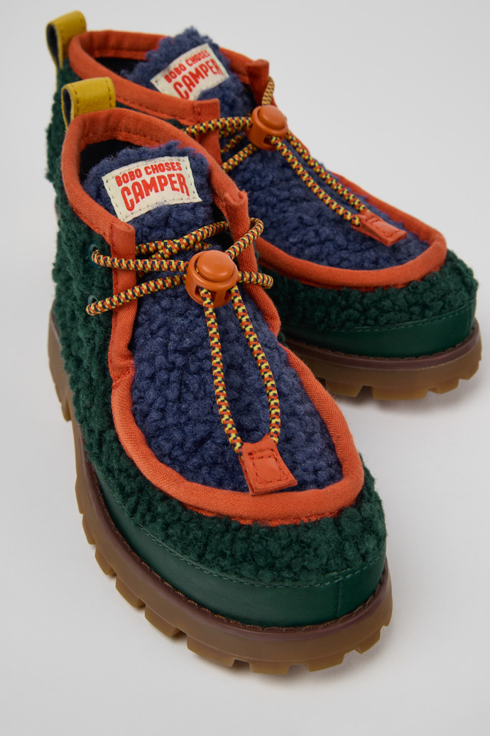 Close-up view of Bobo Choses x Camper Multicolor Textile and Leather Ankle Boots for Kids.