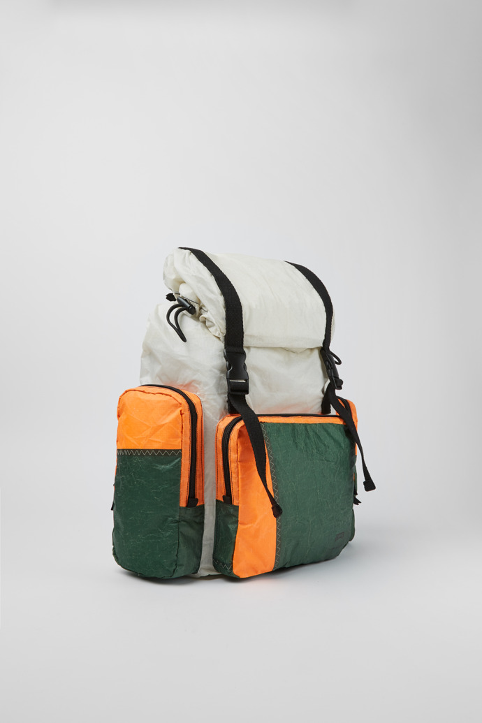 Front view of Camper x North Sails White, orange and green backpack