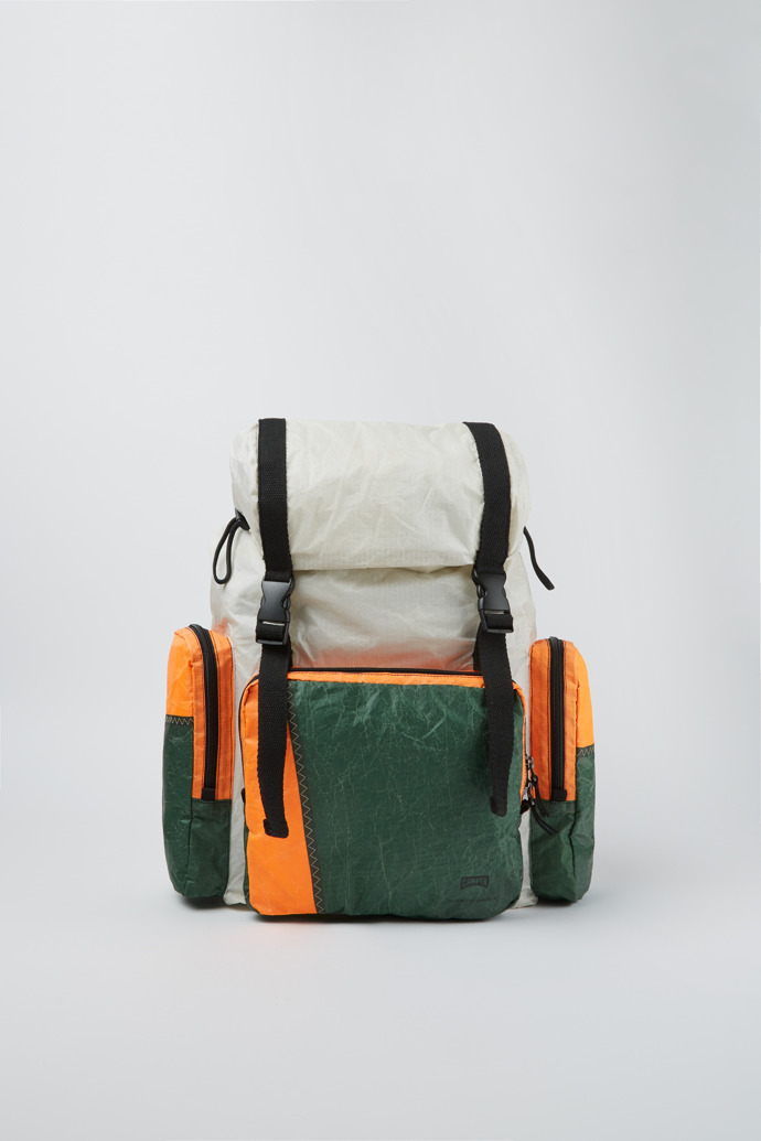 Side view of Camper x North Sails White, orange and green backpack