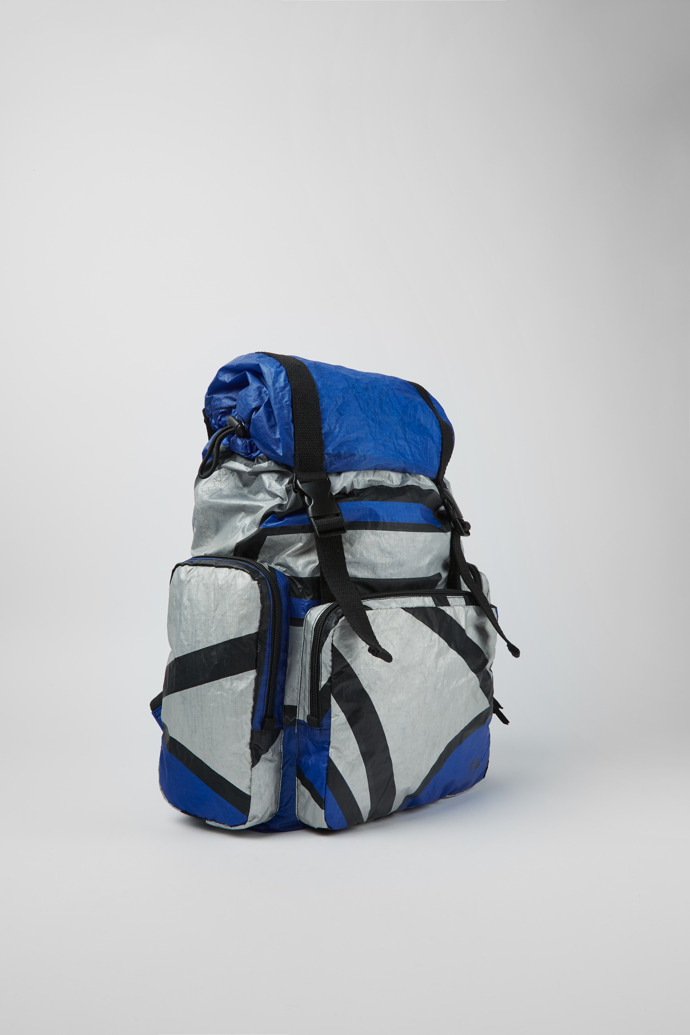 Front view of Camper x North Sails Blue, silver, and black backpack