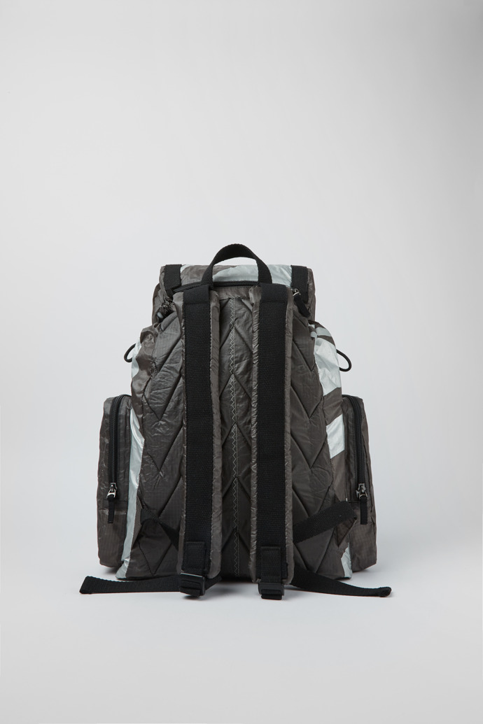 Back view of Camper x North Sails Green, gray, and silver backpack