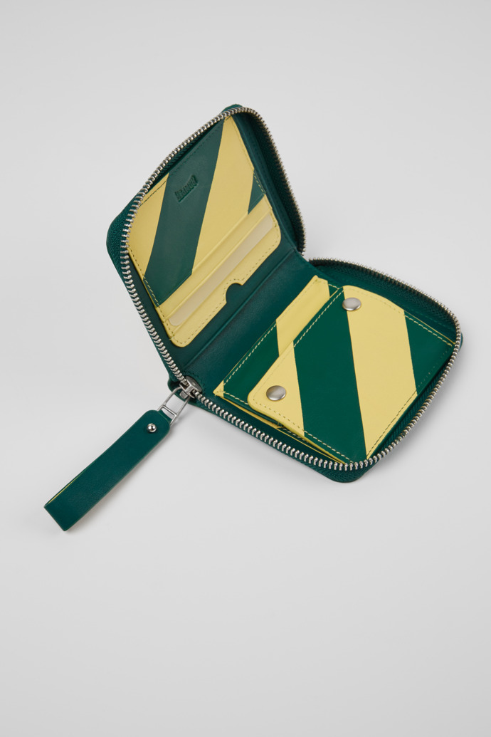 Overhead view of Mosa Green and yellow leather wallet